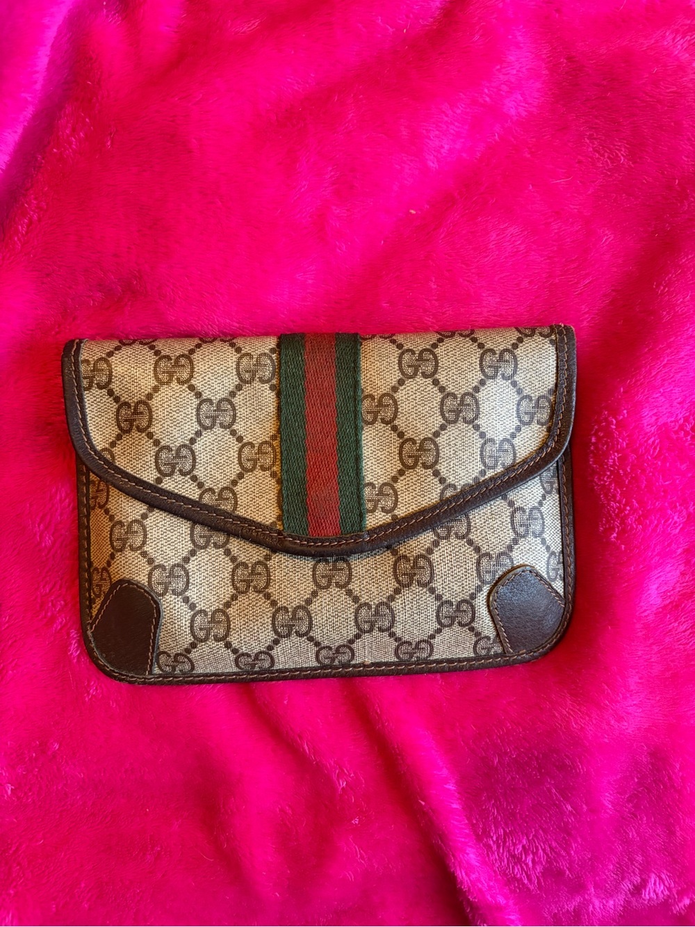 Gucci Brown GG Canvas Clutch with Green-Red Web Stripe